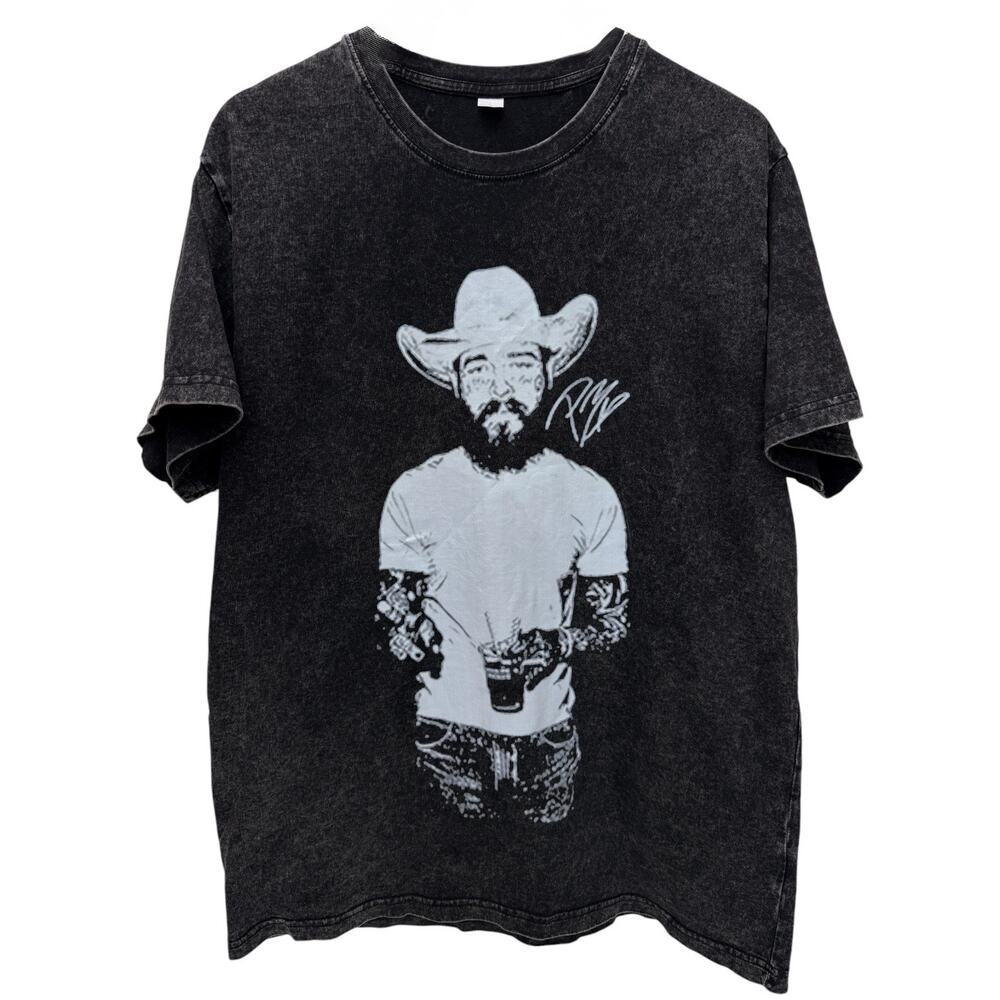 Post Malone Cowboy Portrait T Shirt Mens Large Black Acid Wash Graphic Tee
